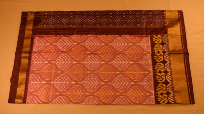 Pink and Rich Brown Pure handloom Pochampally Ikat Silk saree