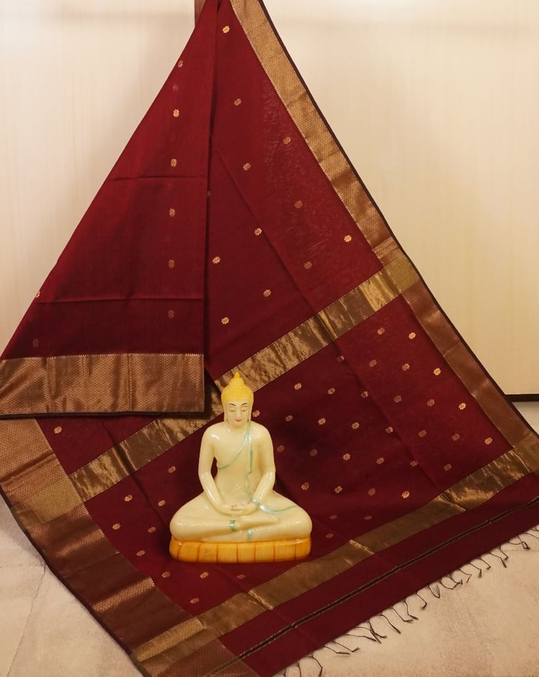 Rich Maroon Traditional Handloom Maheshwari Saree
