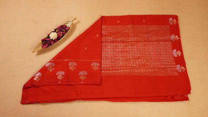 Vermillion Red Semi Banarasi Silk Saree