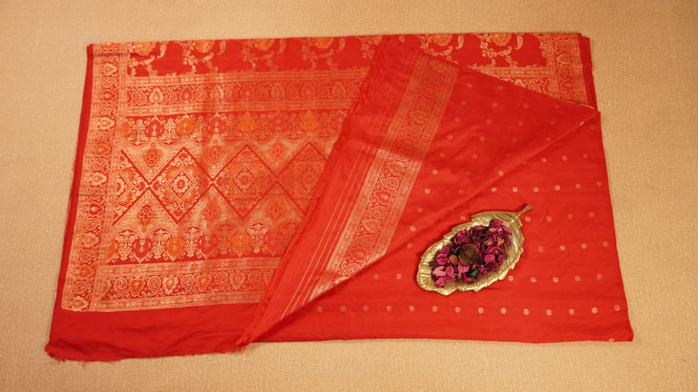 Red Semi Muga Banarasi Silk Saree with Rich Zari Work