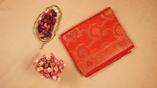 Red Semi Muga Banarasi Silk Saree with Rich Zari Work